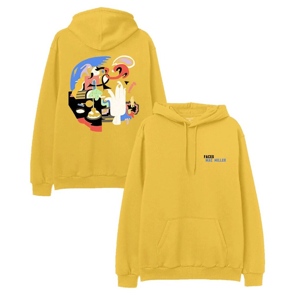 Mac Miller Yellow Faces Graphic Hoodie, Size Large